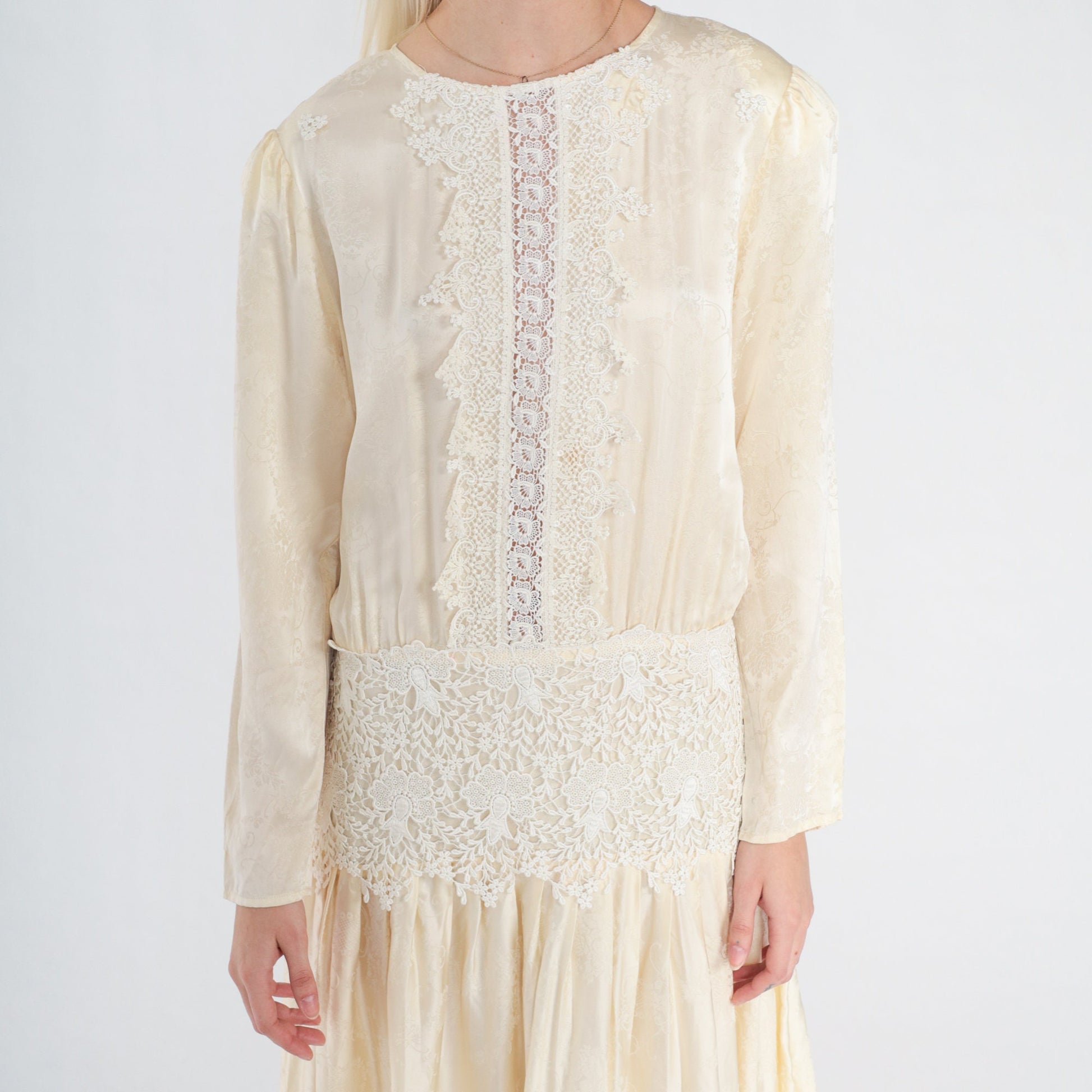 80s Jessica McClintock Cream Silk Midi Dress Embossed Floral Lace Long Sleeve Medium