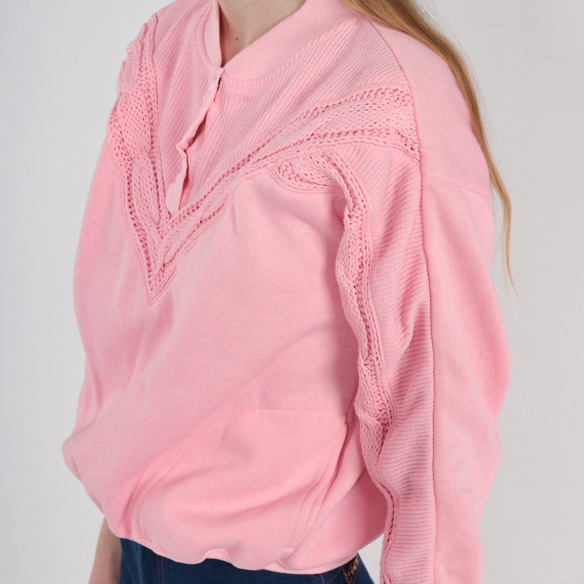 80s Pink Cable Knit Henley Sweatshirt Snap Pullover Small