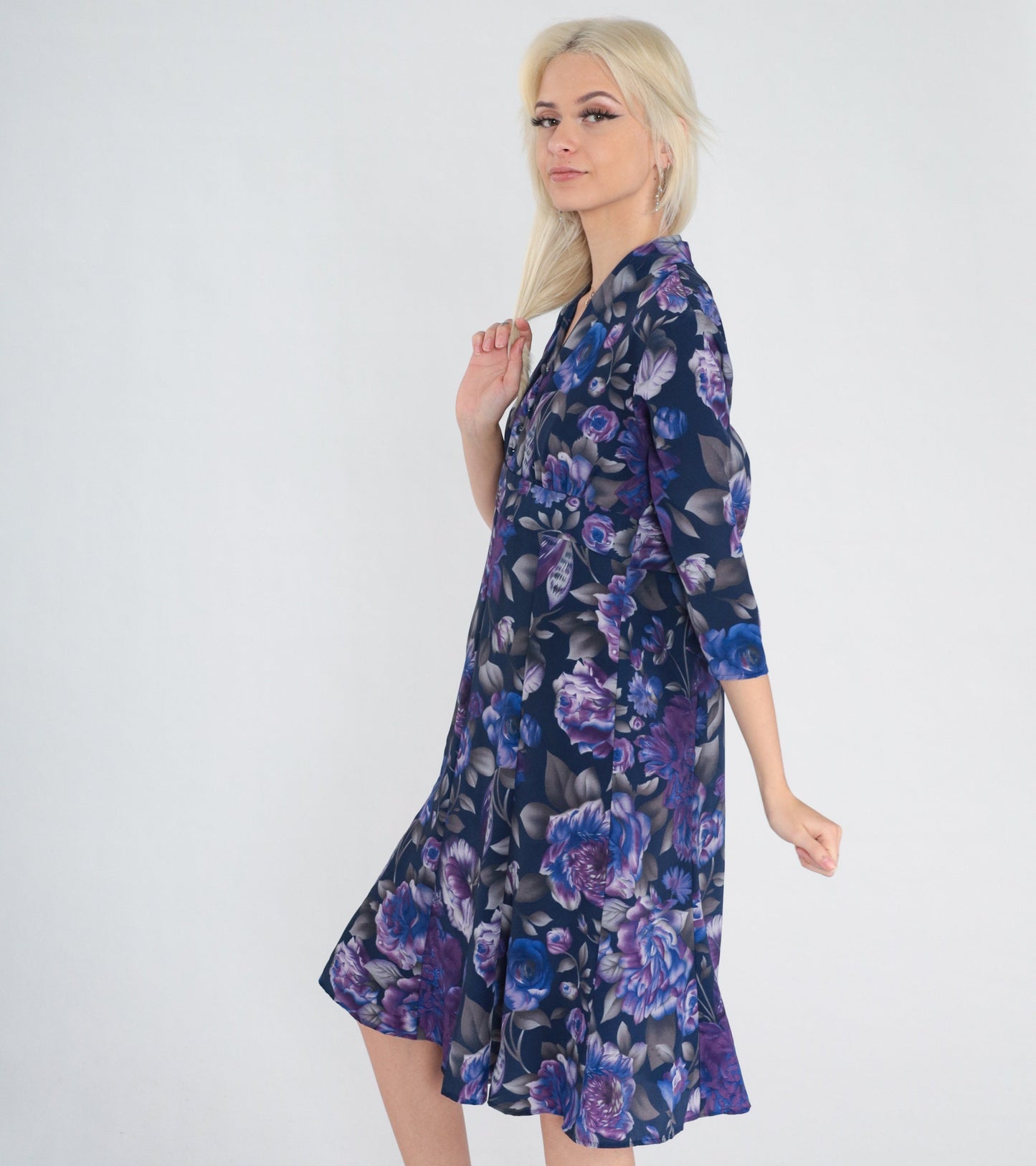 70s Purple Rose Floral Midi Dress Empire Waist V-Neck Button Front Small