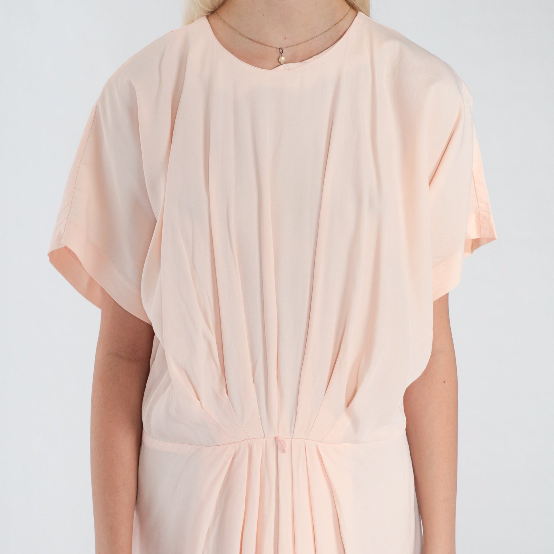 80s Pale Pink Pleated Midi Dress Short Sleeve Cocoon Acetate Medium Large