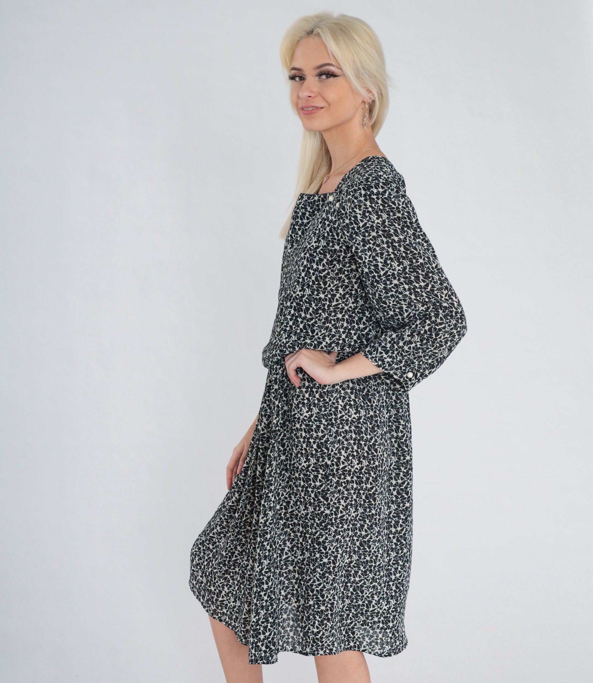 90s Black and White Floral Midi Dress Puff Sleeve Square Neckline Large