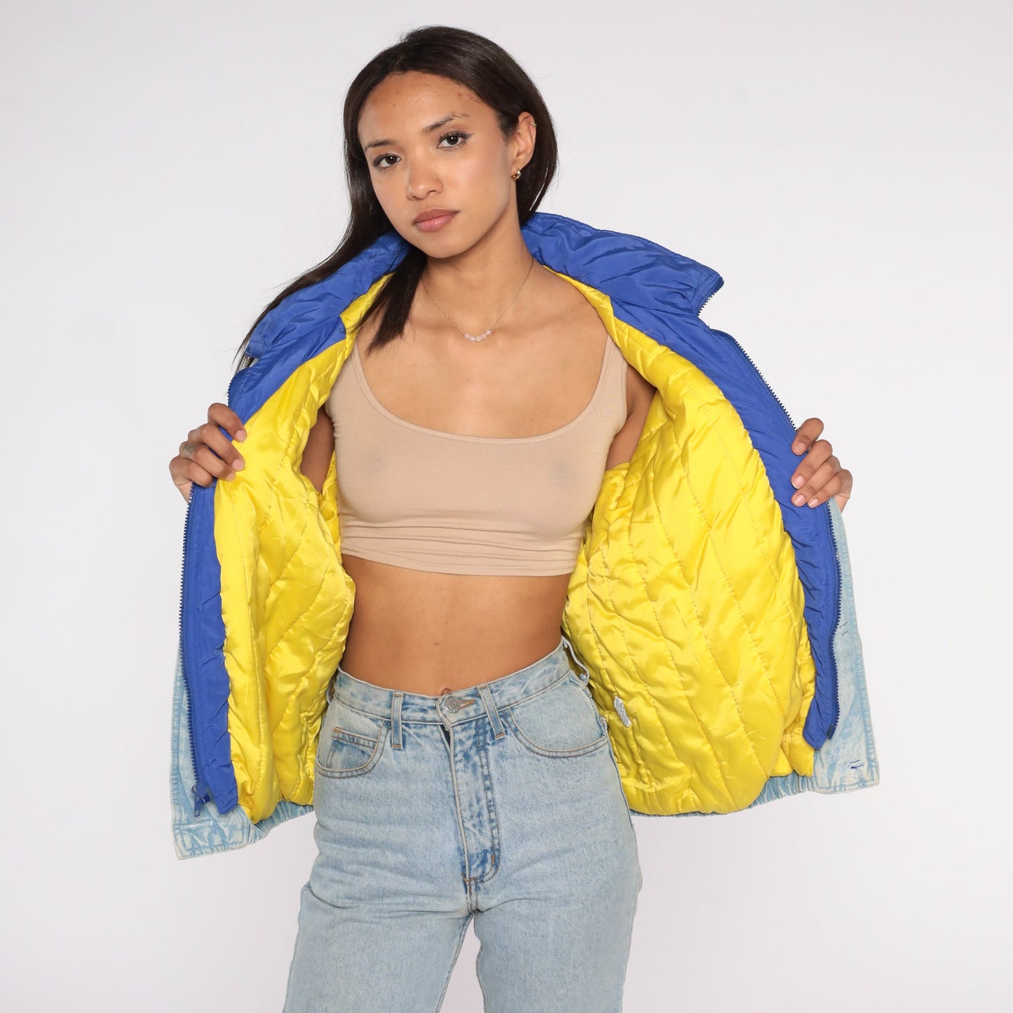 90s Acid Wash Denim Puffer Jacket Blue Funnel Neck Button Up Small S