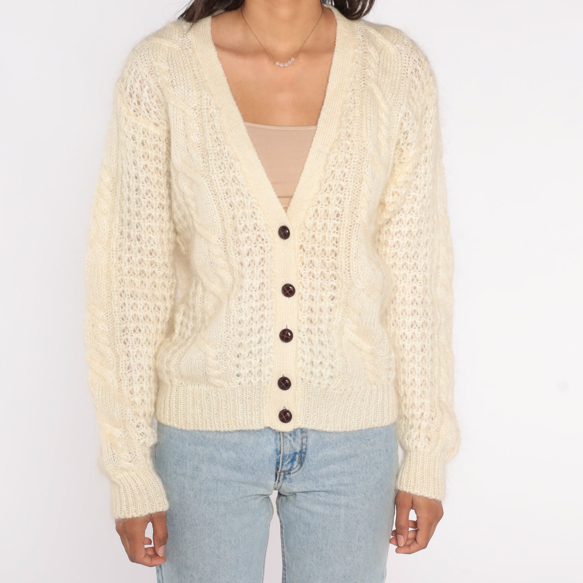 90s Karen Scott Cable Knit Cardigan Cream Wool Mohair V Neck Medium