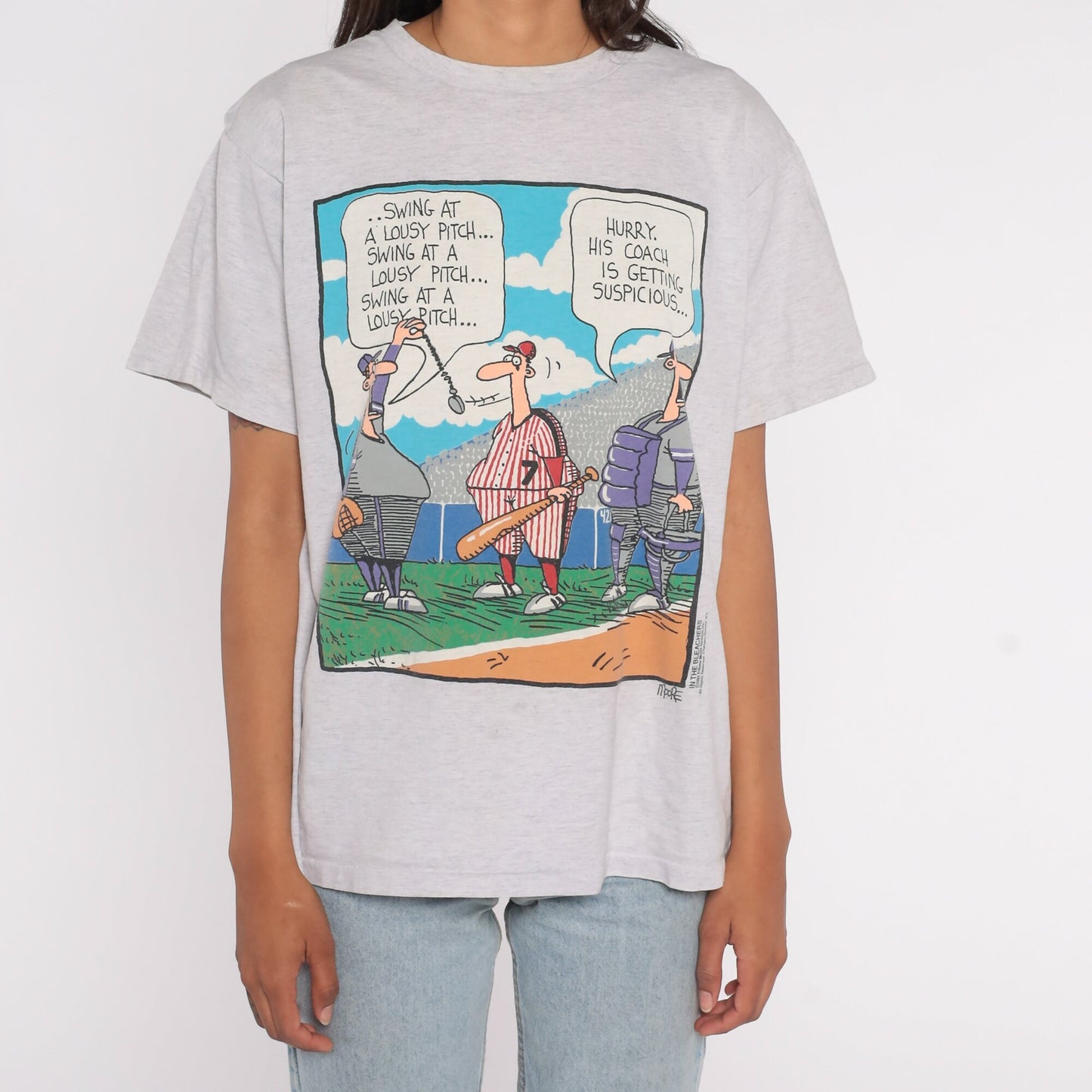 90s In The Bleachers Baseball Comic Graphic T-Shirt Grey Large
