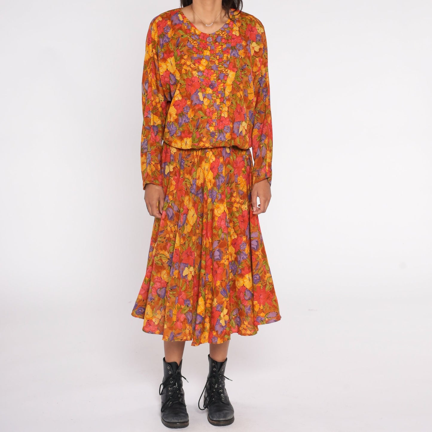 80s Burnt Orange Floral Blouson Maxi Dress Dolman Sleeve Button-Up Medium 8