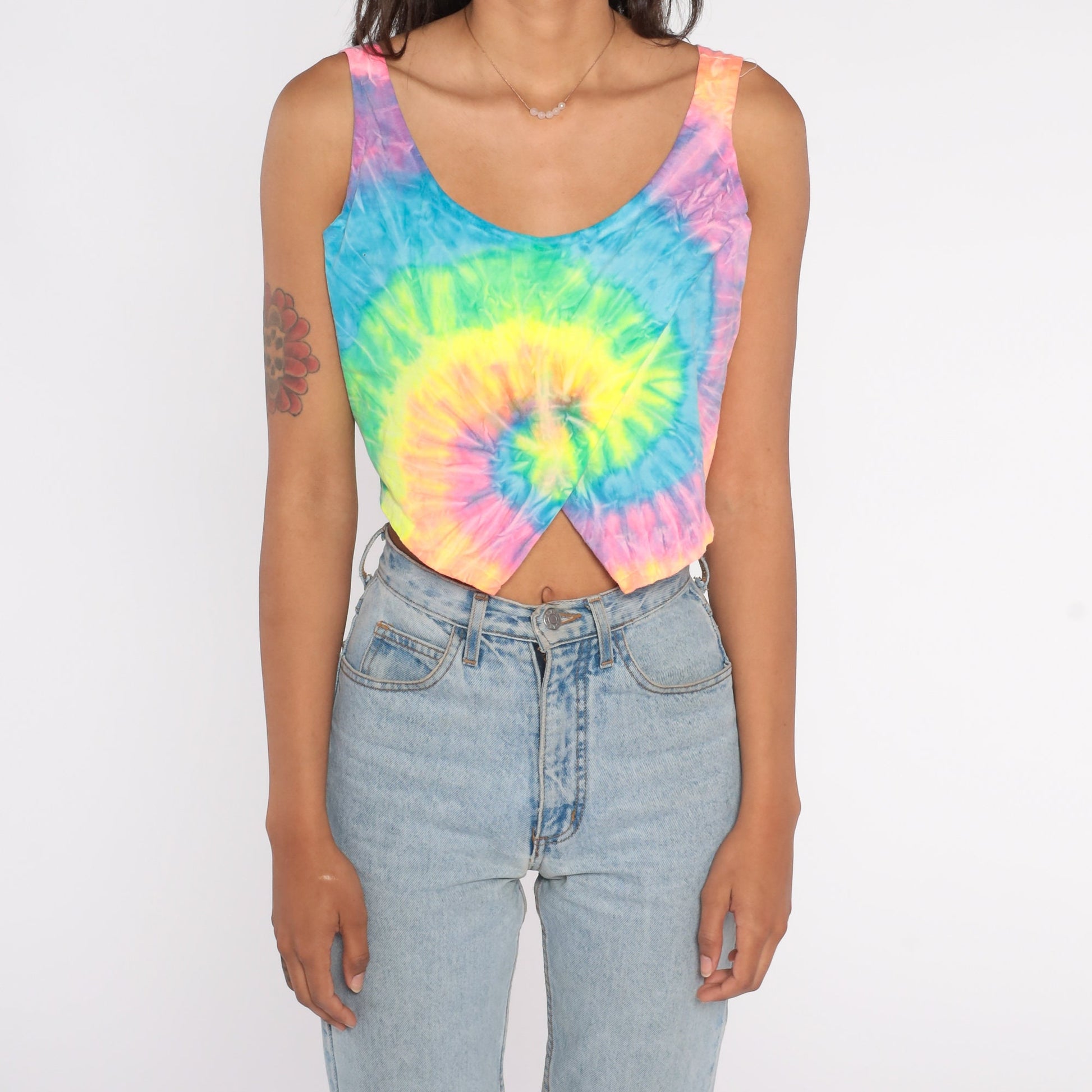 90s Neon Tie Dye Crop Tank Top In Gear Cotton Sleeveless Large