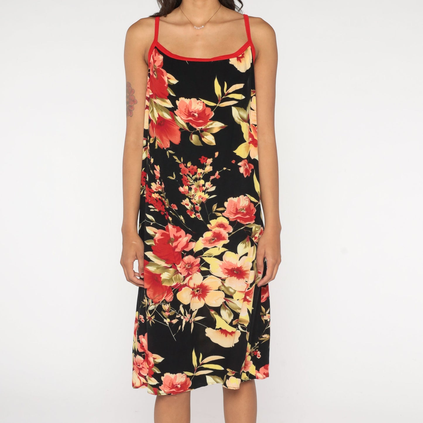Y2K Hawaiian Floral Midi Dress Black Spaghetti Strap Tropical Print Large L