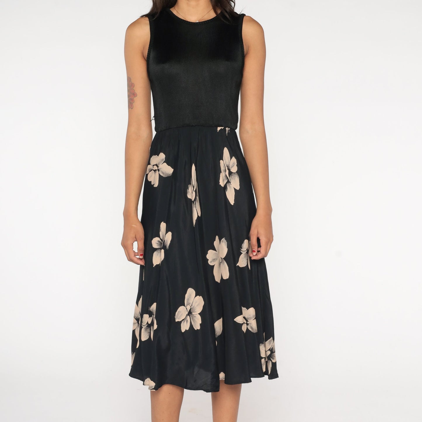 90s Black Floral Midi Dress Ribbed High Waist Sleeveless Small Medium