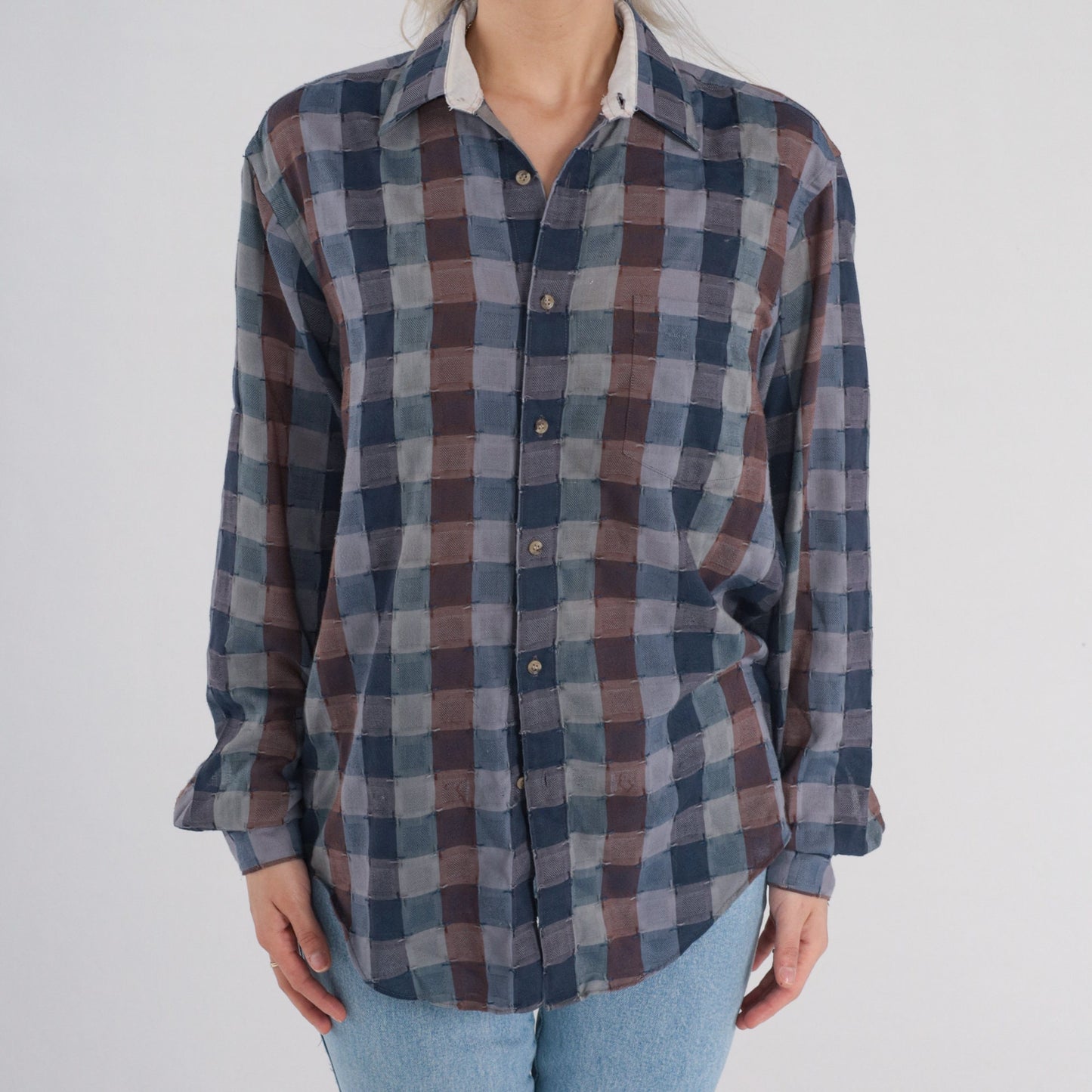 90s Grey Checkered Button-Up Shirt Long Sleeve Plaid Collared Small