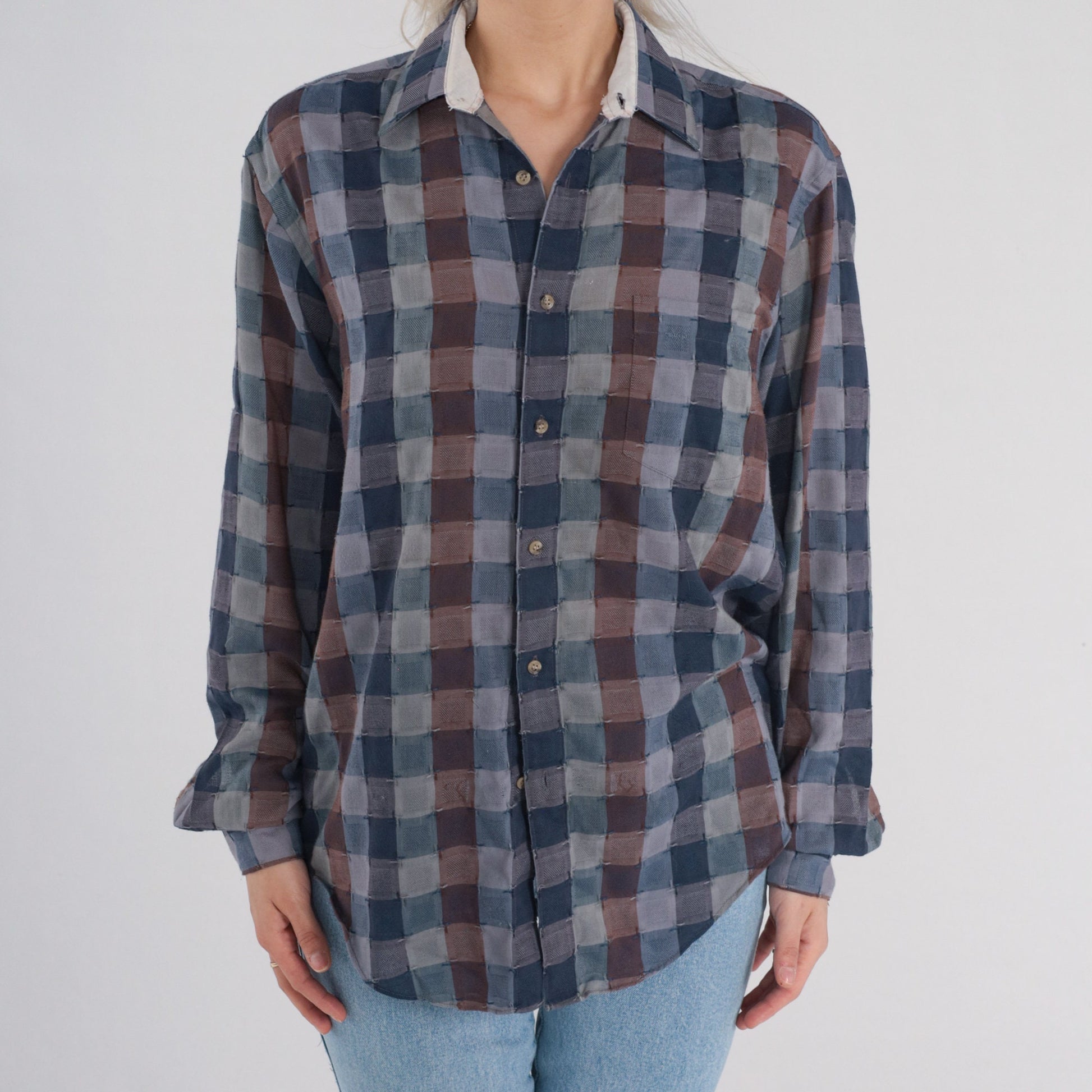 90s Grey Checkered Button-Up Shirt Long Sleeve Plaid Collared Small