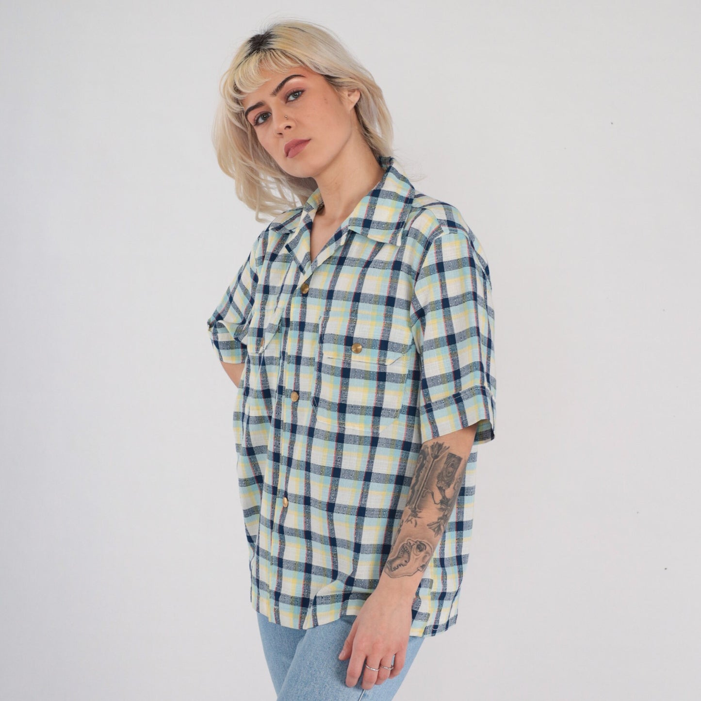70s Checkered Button Up Shirt Gold Buttons Chest Pockets Medium