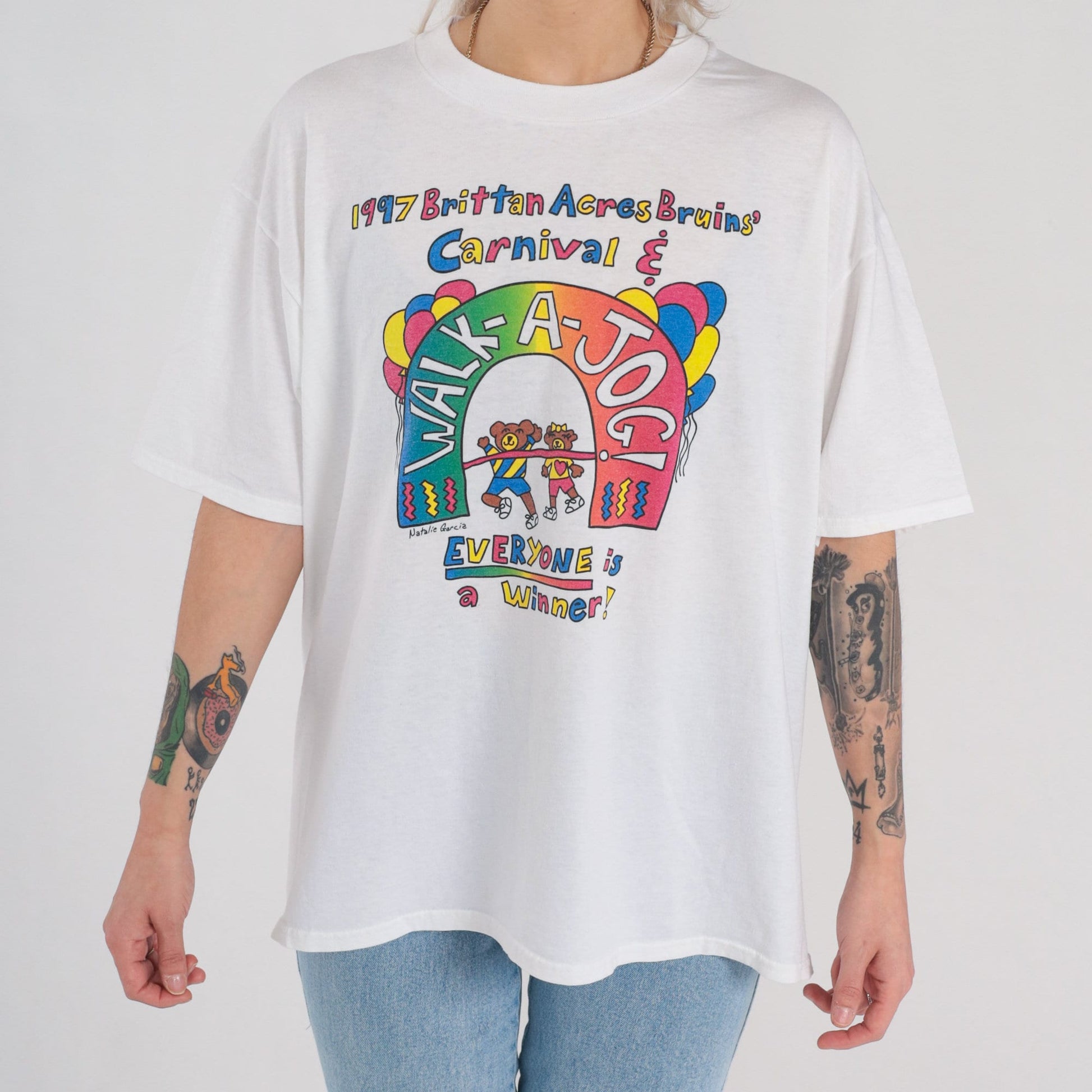 90s Brittan Acres Elementary School Walkathon Carnival Bear Graphic Tee Large