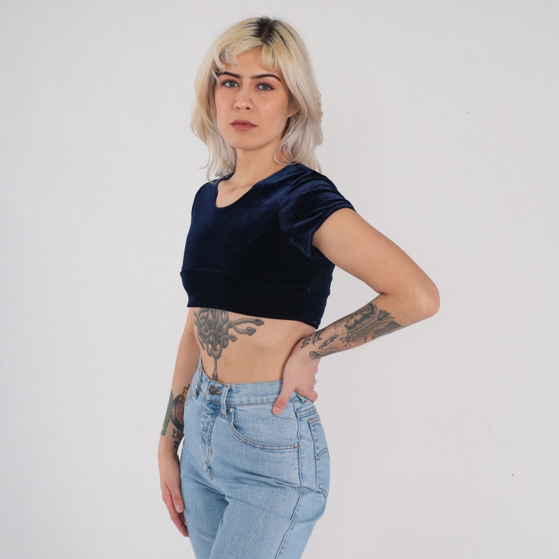 Y2K Navy Velvet Crop Top Short Sleeve Blouse Small XS