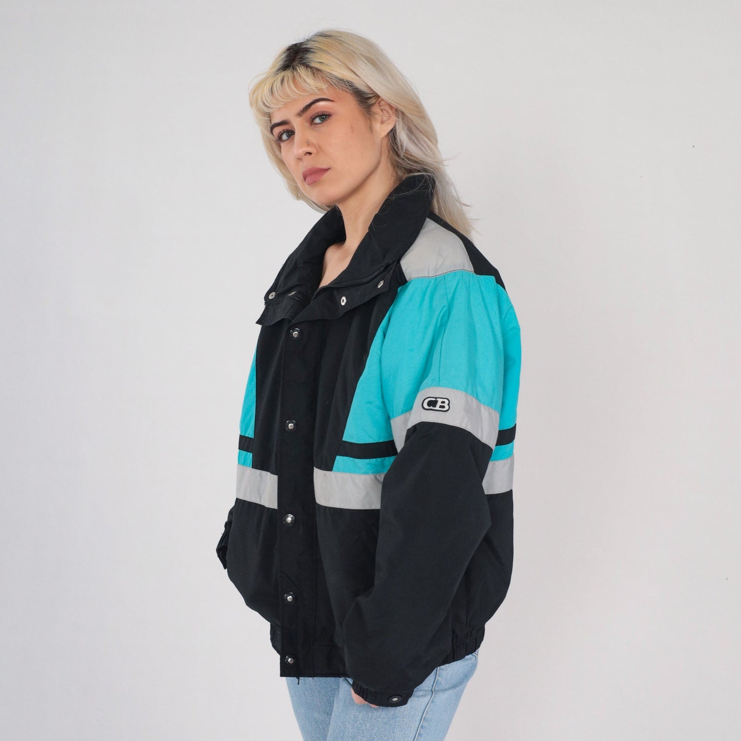 80s Thinsulate Puffer Jacket Black Blue Color Block Ski Coat Large