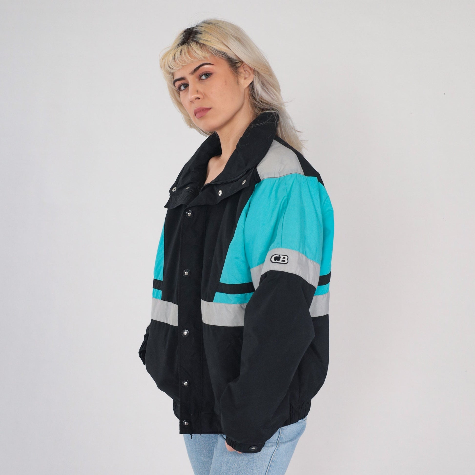 80s Thinsulate Puffer Jacket Black Blue Color Block Ski Coat Large