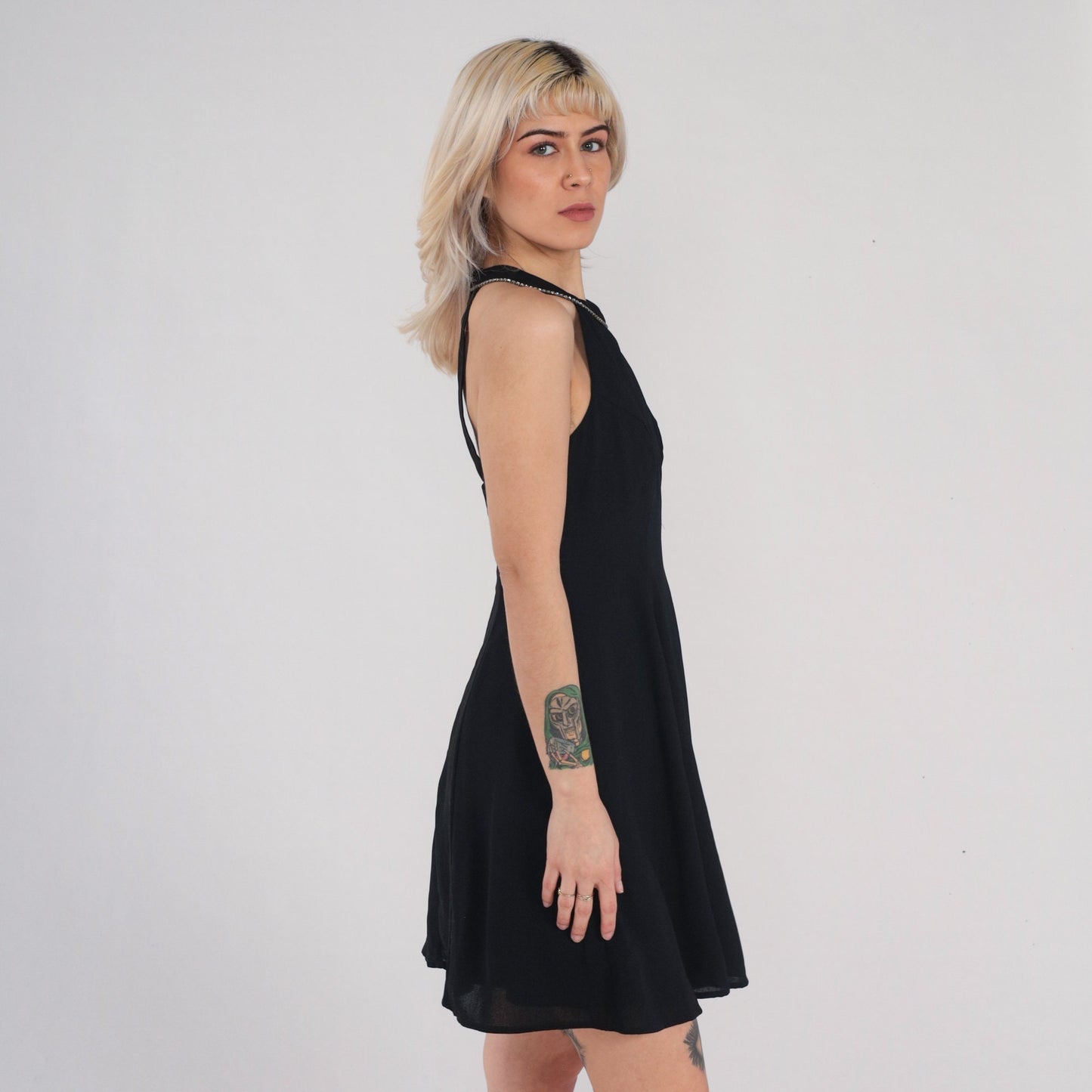 90s Black Velvet Mini Dress Rhinestone Halter Sleeveless Open Back Small