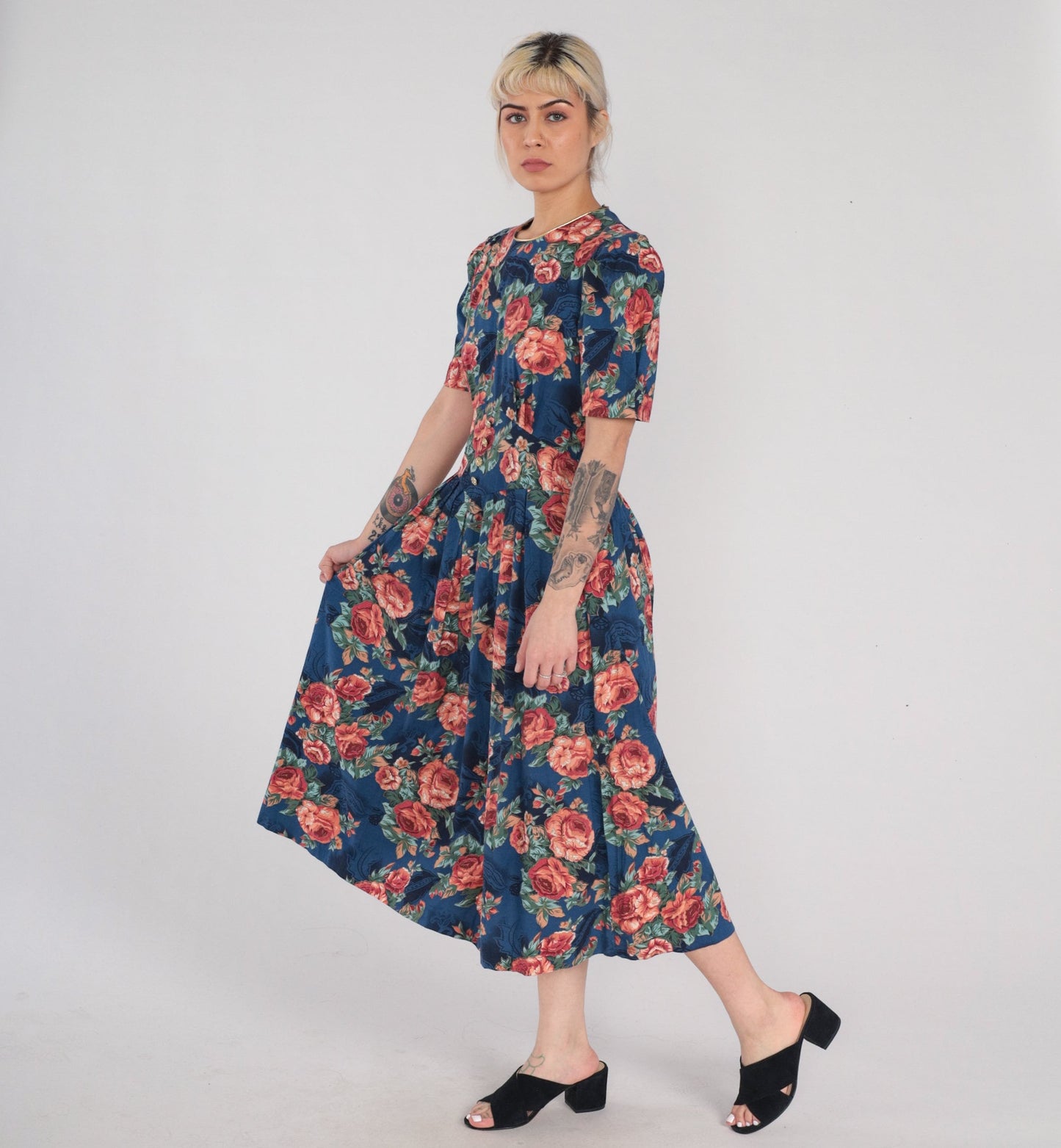 90s Navy Floral Midi Dress Puff Sleeve High Basque Waist Rose Print Medium M