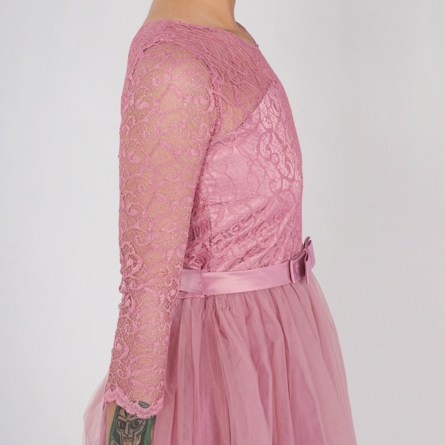 1960s Pink Lace Tulle Midi Dress High Waist Illusion Neckline XXS