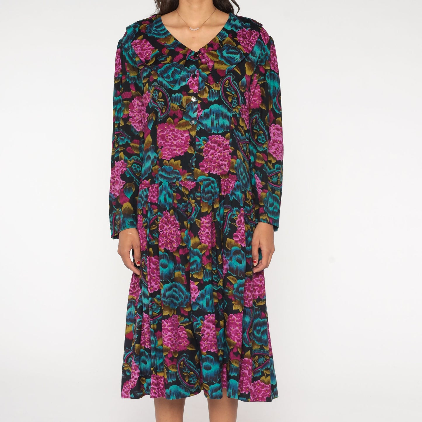 90s Paisley Floral Midi Dress Button-Up Low Waist Blue Purple Rayon Medium