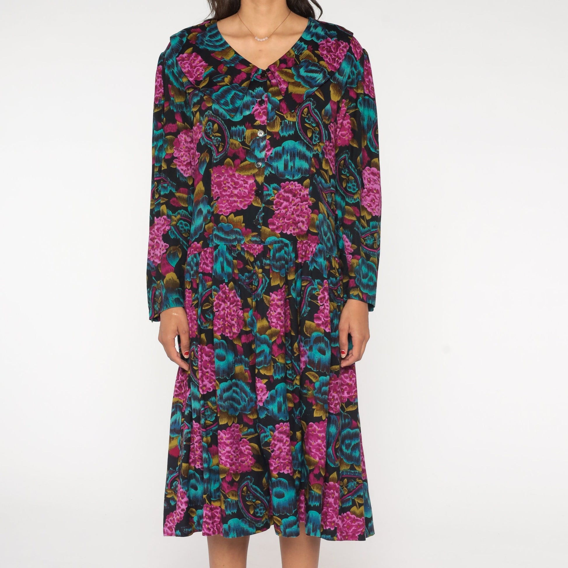 90s Paisley Floral Midi Dress Button-Up Low Waist Blue Purple Rayon Medium