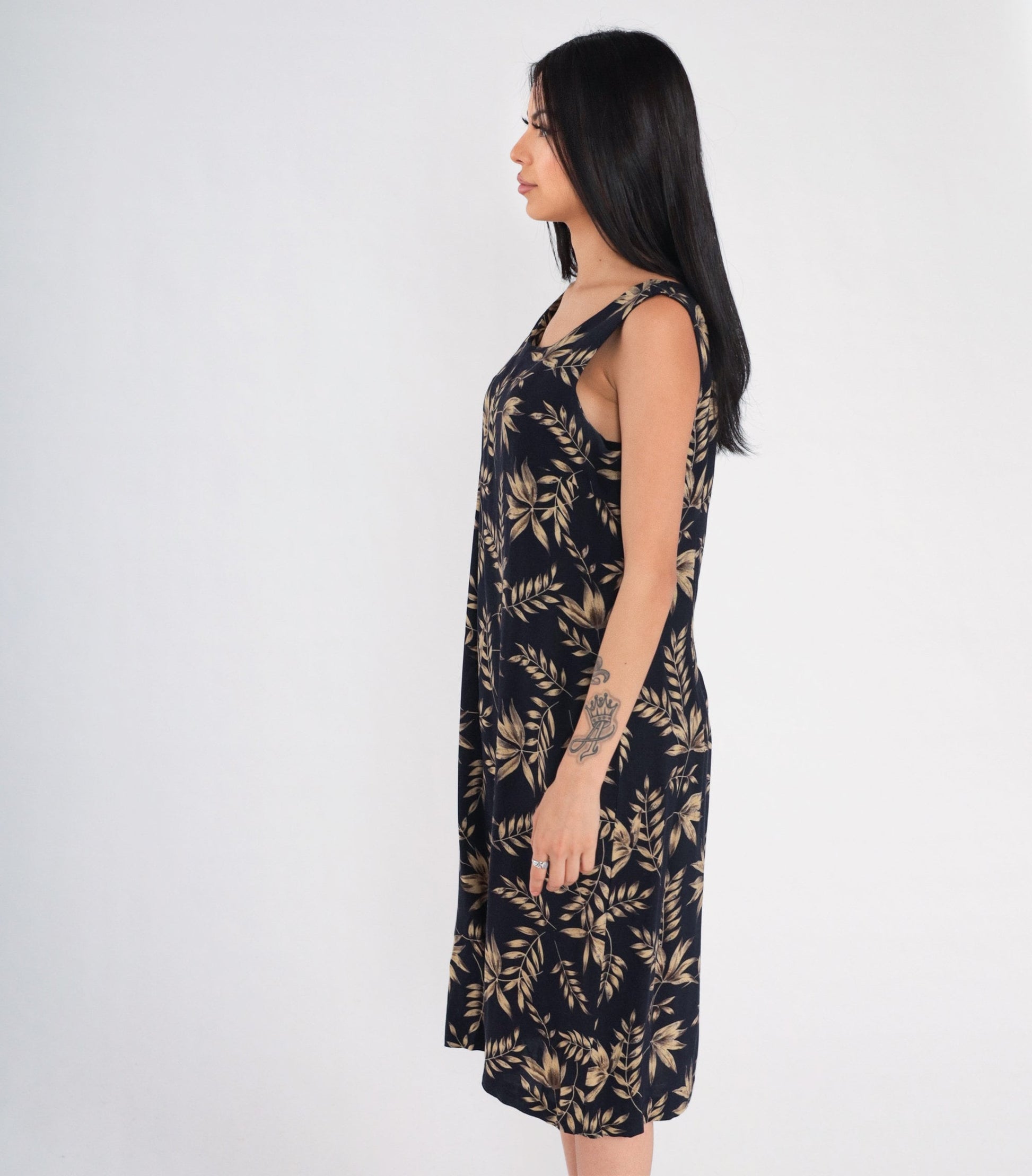90s Black Leaf Vine Print Sleeveless Dress Knee Length Tank Medium M