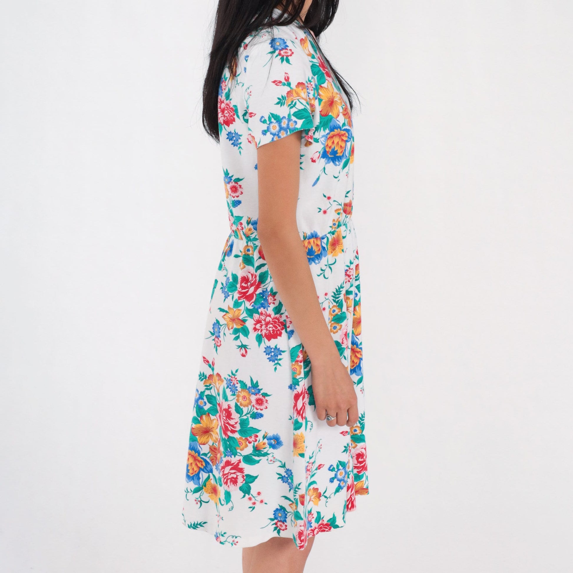 90s White Floral Rose Print Mini Dress High Waisted Short Sleeve Medium Large