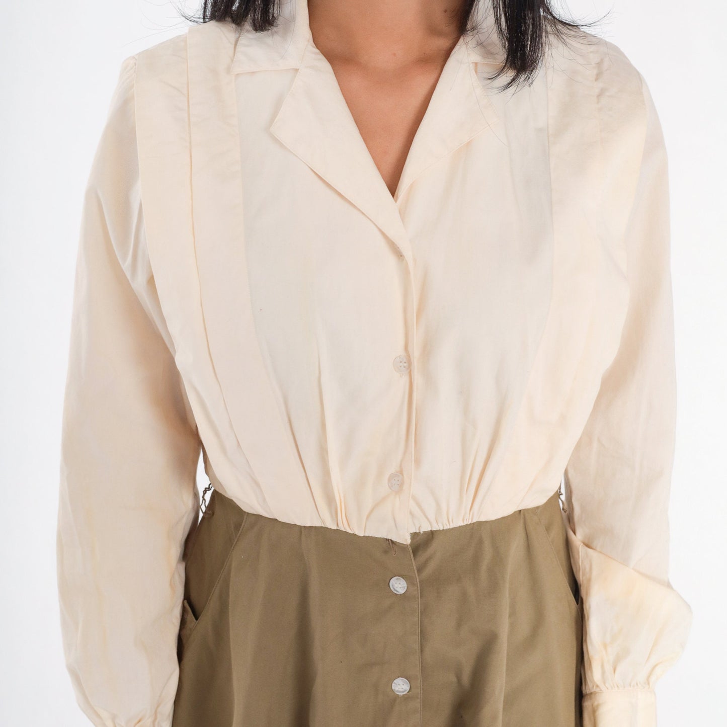 80s Leslie Fay Button-Up Shirtwaist Midi Dress Cream Olive Small