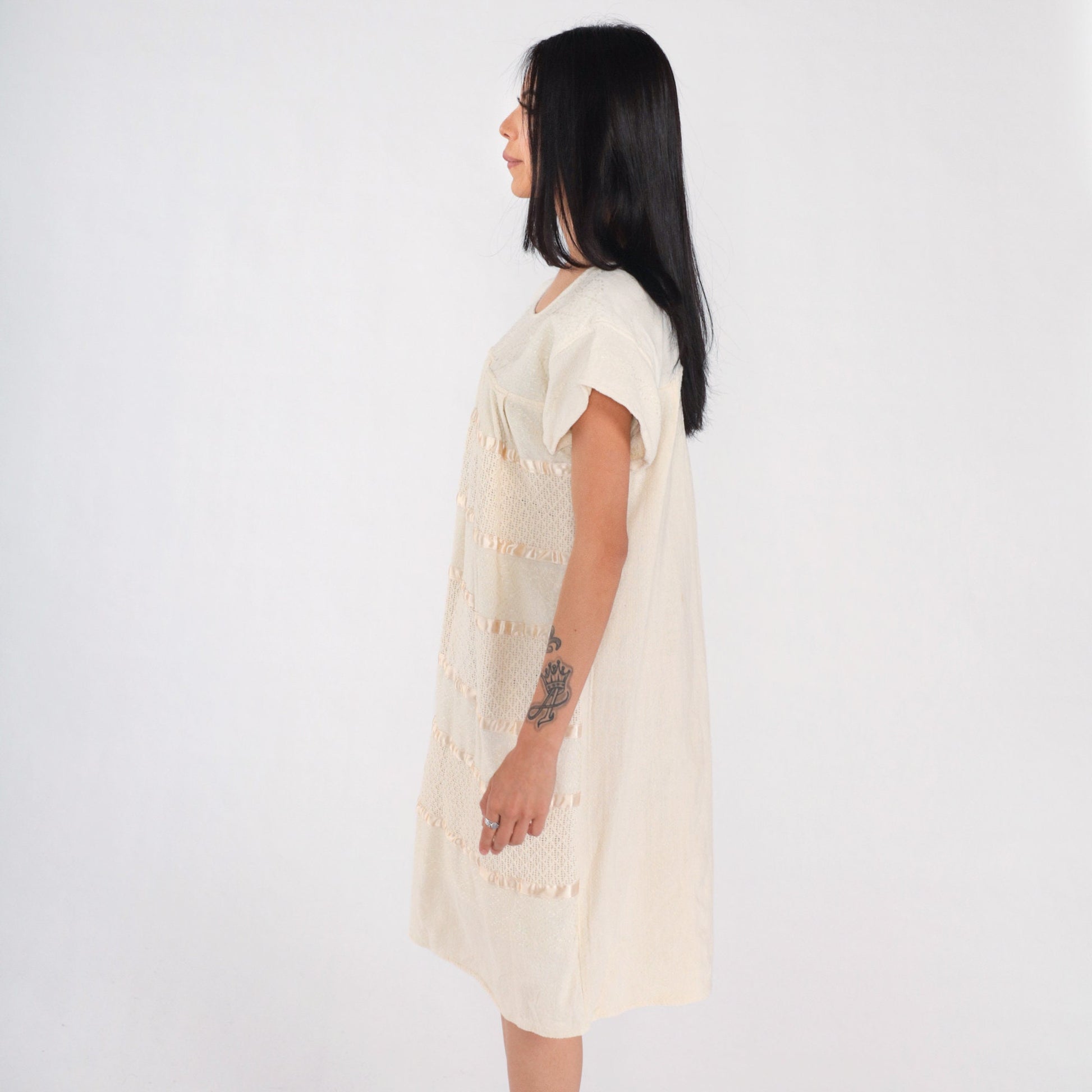 90s Cream Cotton Woven Midi Dress Cap Sleeve Tiered Medium Large