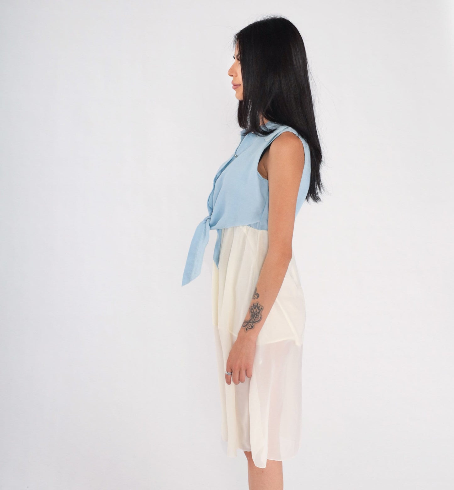 00s Tie Front Mini Dress Blue Bodice White Chiffon Sleeveless Small S