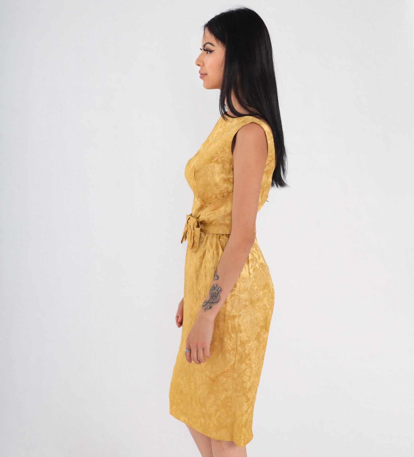 60s Gold Floral Brocade Mini Dress Sleeveless Low Back Bow High Waist Extra Small
