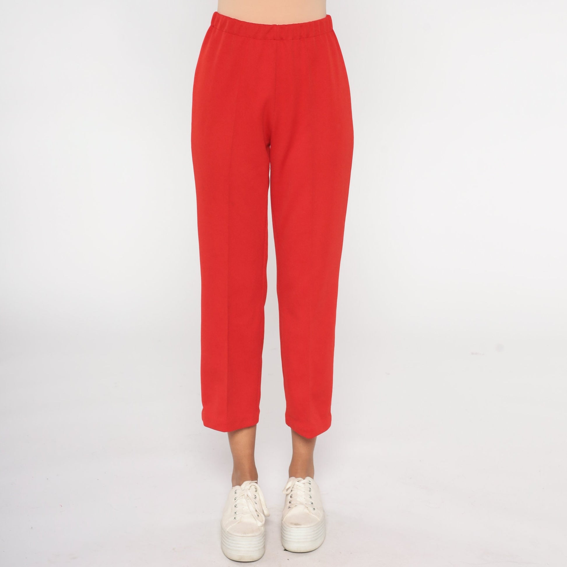 70s Red Straight Leg Pull-On Trousers Elastic Waist Extra Small