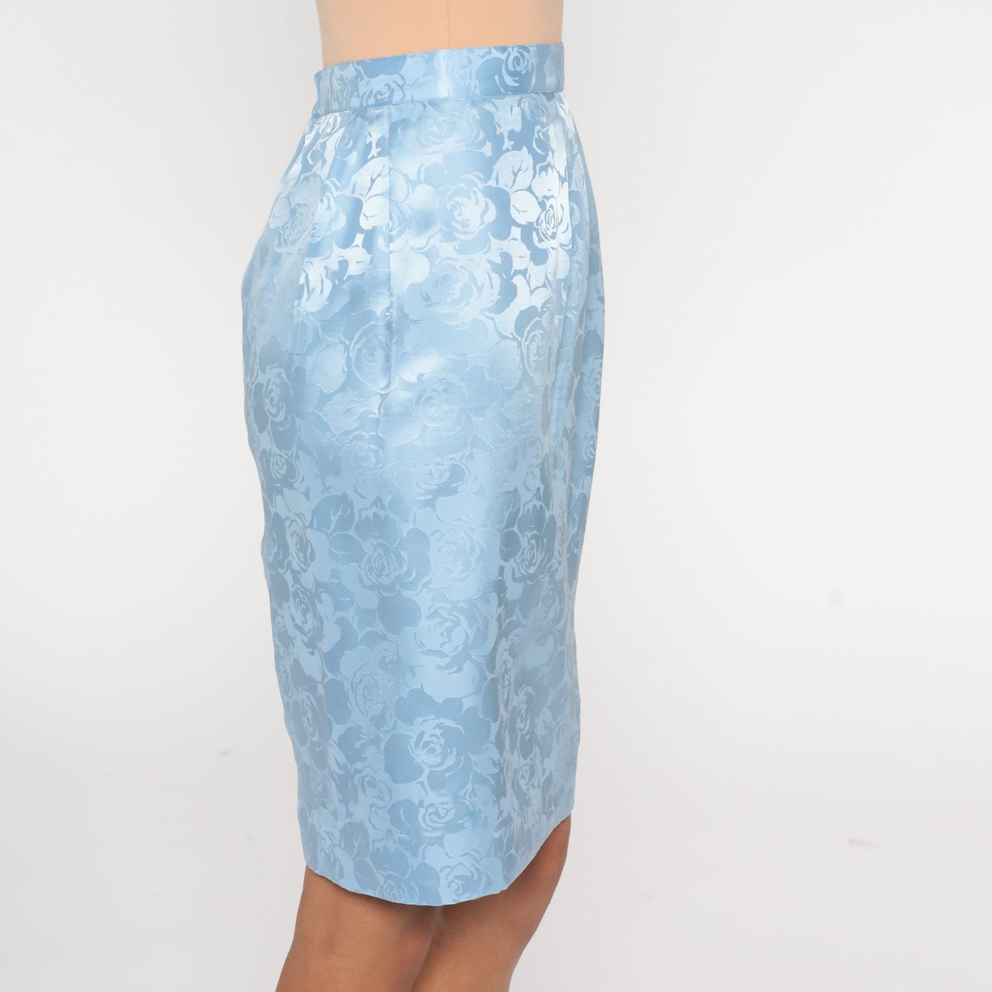 00s Blue Silk Floral Skirt Embossed High Waisted Knee Length Small 4