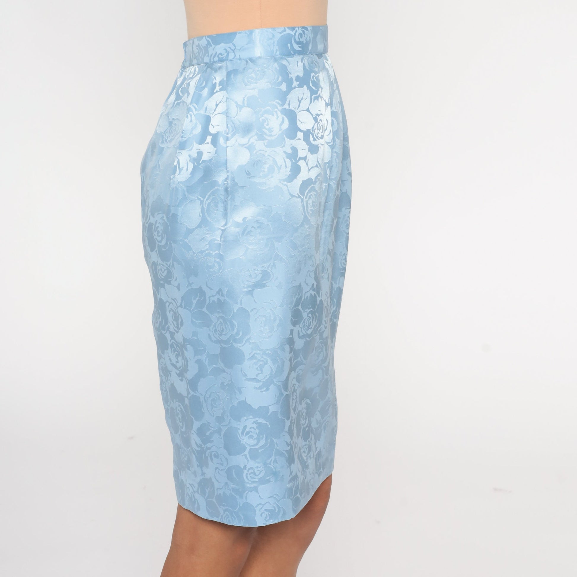 00s Blue Silk Floral Skirt Embossed High Waisted Knee Length Small 4