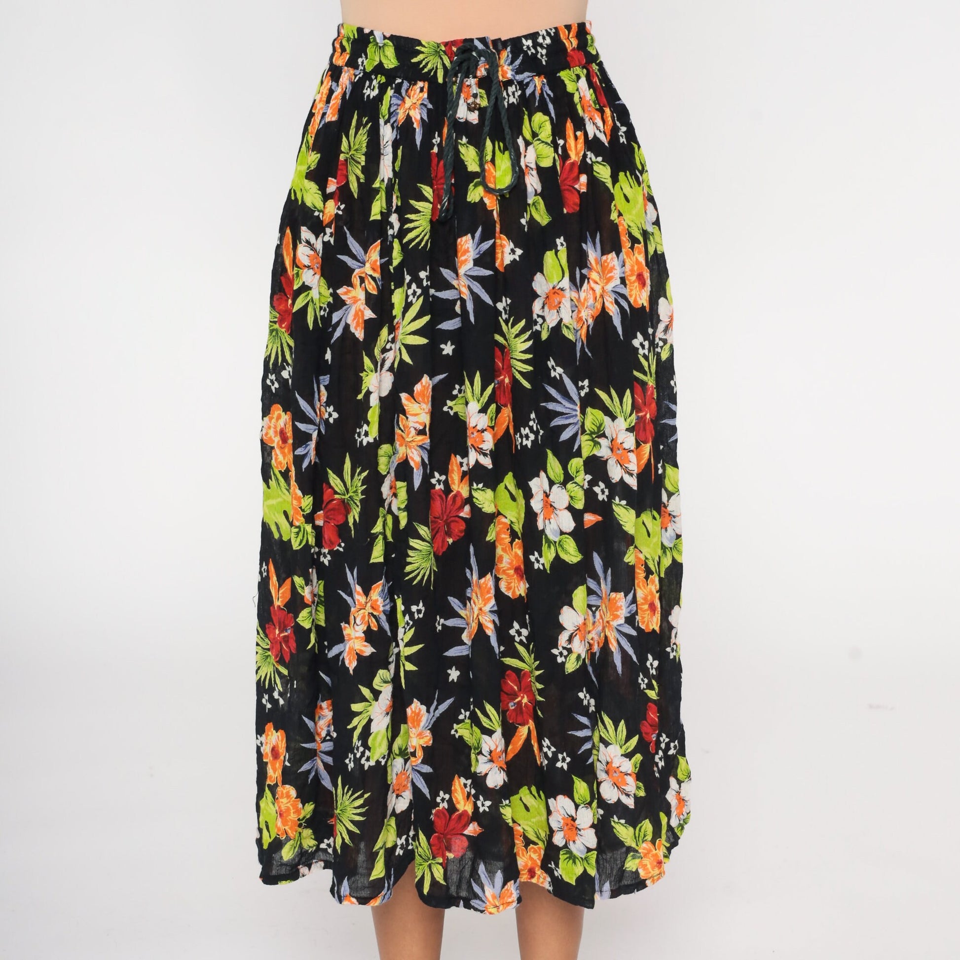 00s Floral Broomstick Midi Skirt Black Tropical Gauze Drawstring One Size