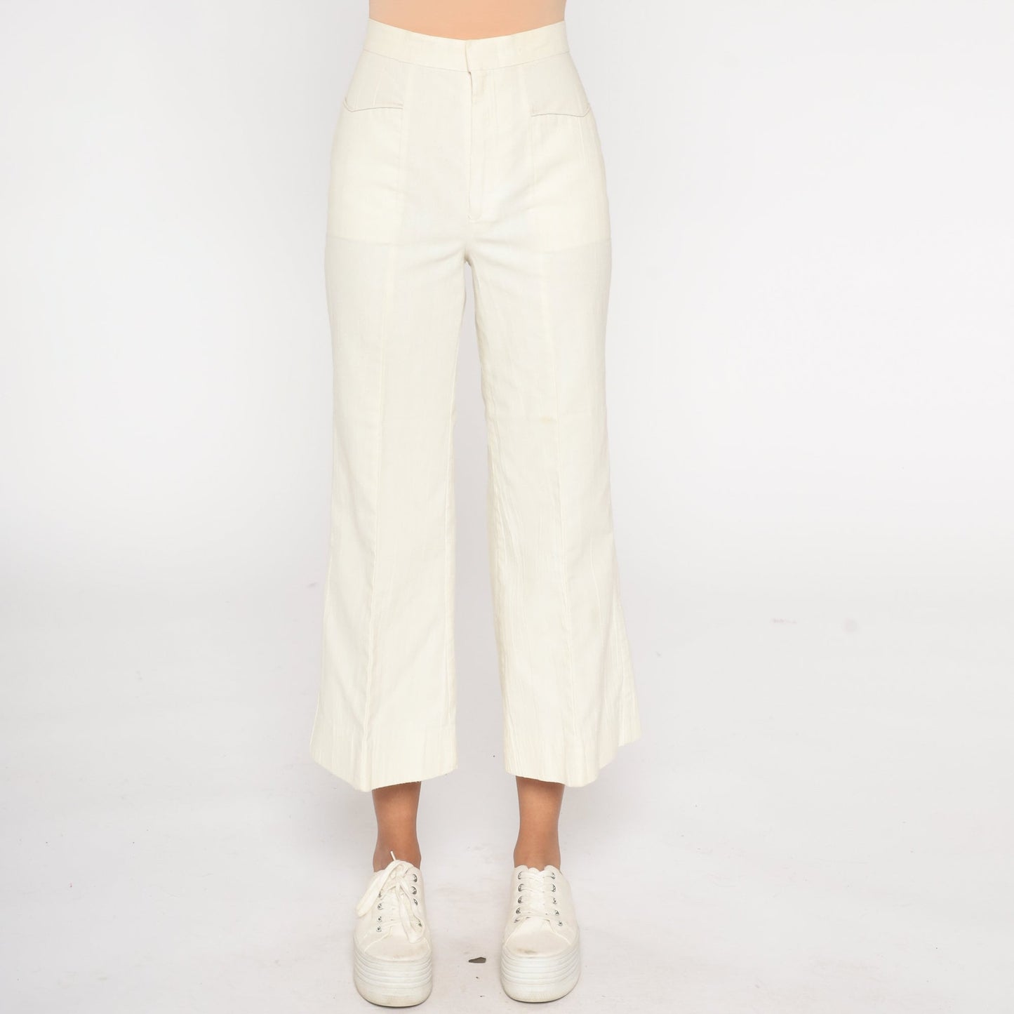 70s Bell Bottom Pants Off-White High Waist Cropped Ankle Trousers Extra Small XS