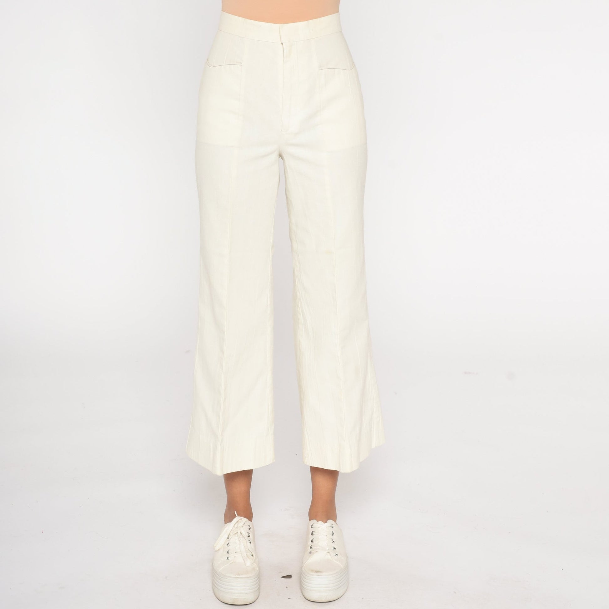 70s Bell Bottom Pants Off-White High Waist Cropped Ankle Trousers Extra Small XS