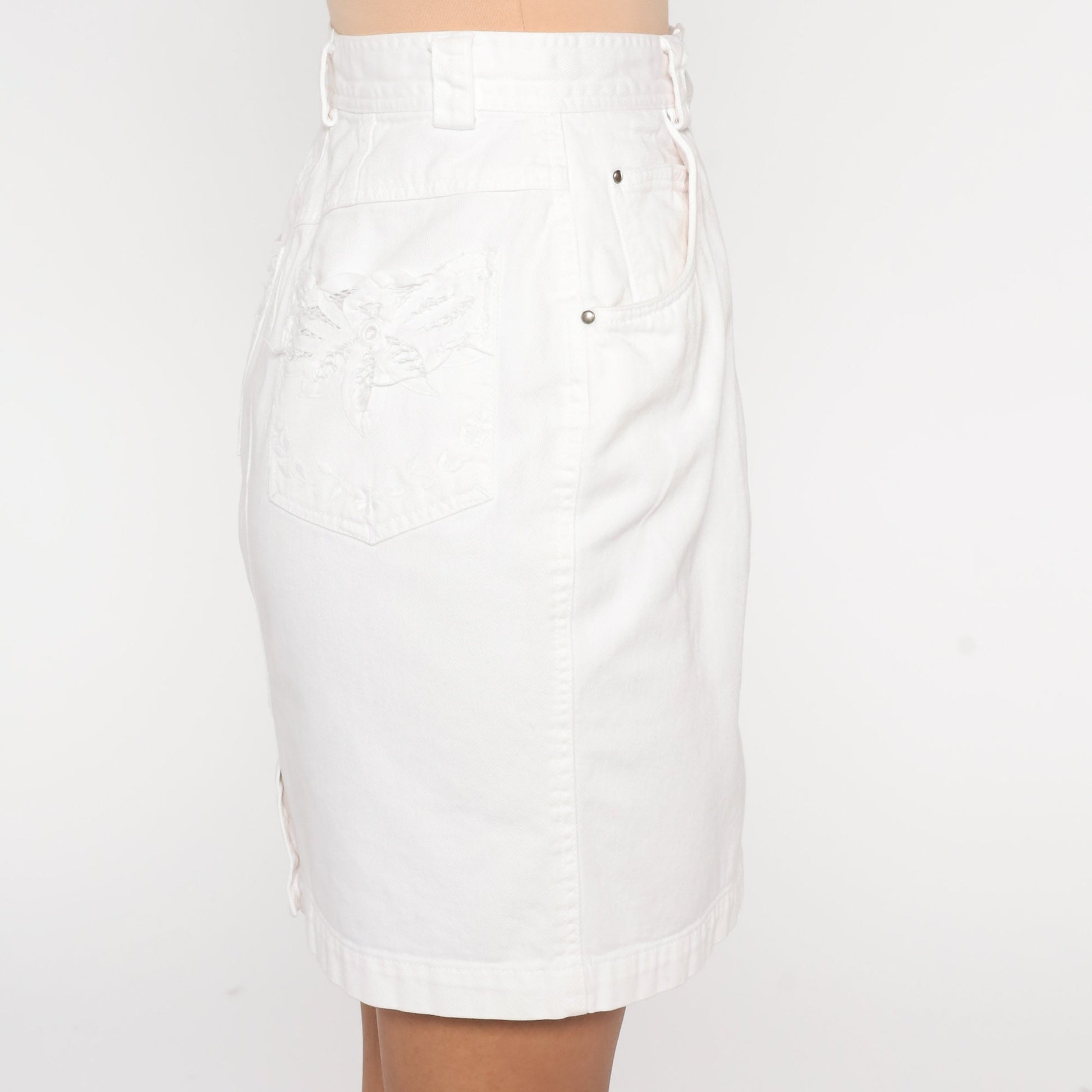 90s White Denim Mini Skirt Floral Embroidered Cutwork High Waist Extra Small