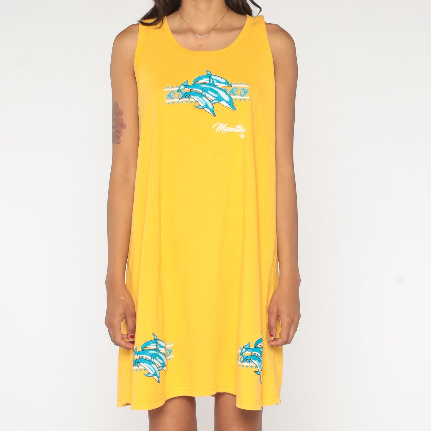 90s Mazatlan Dolphin Tank Dress Yellow Shift Mini Coverup Medium Large