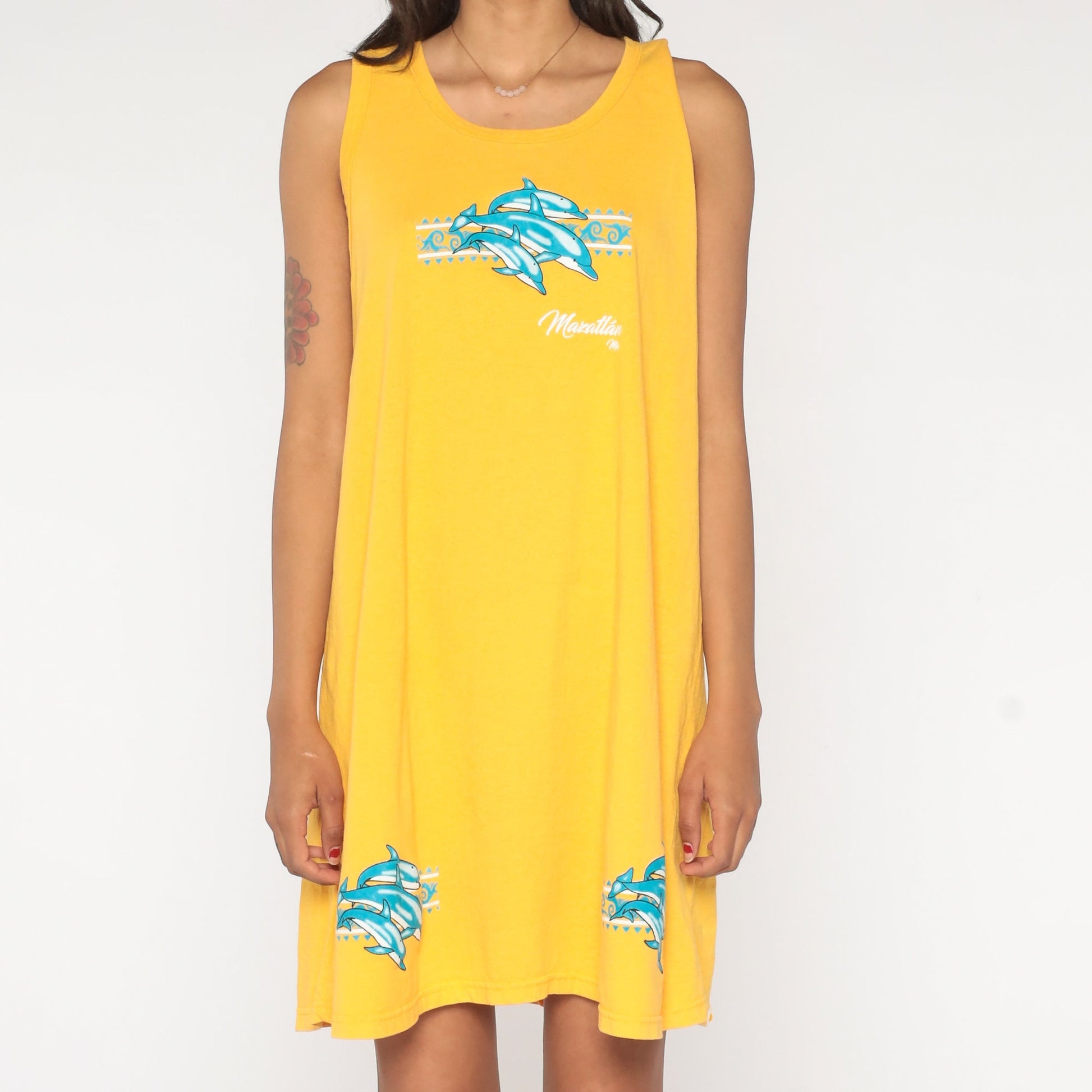 90s Mazatlan Dolphin Tank Dress Yellow Shift Mini Coverup Medium Large