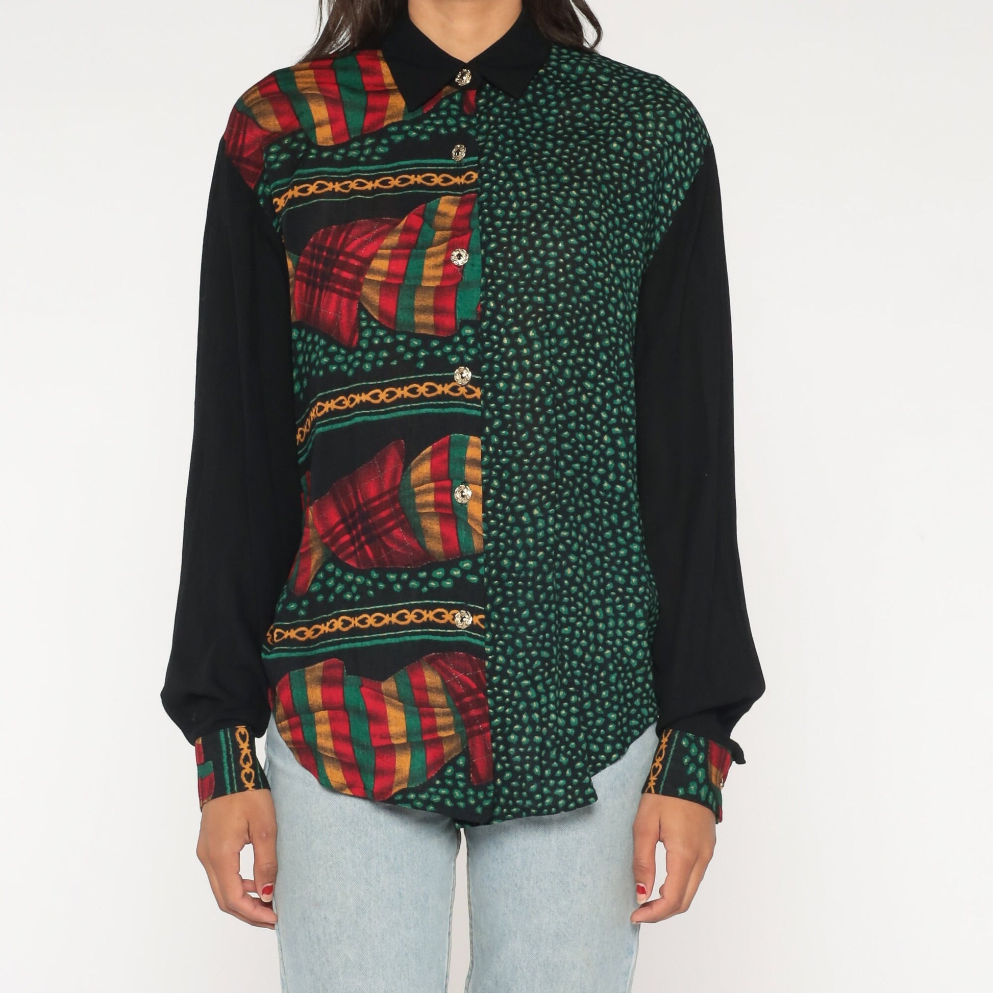 90s Baroque Flag Pebble Print Blouse Black Green Button Up Long Sleeve Small