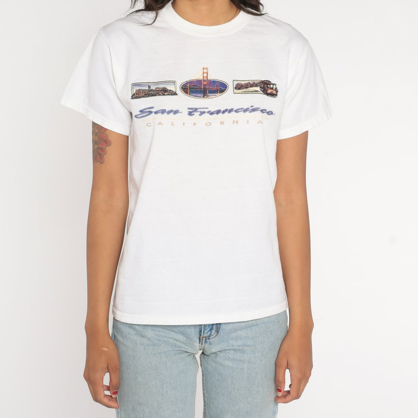 00s San Francisco Golden Gate Bridge Graphic T-Shirt White Cotton Small