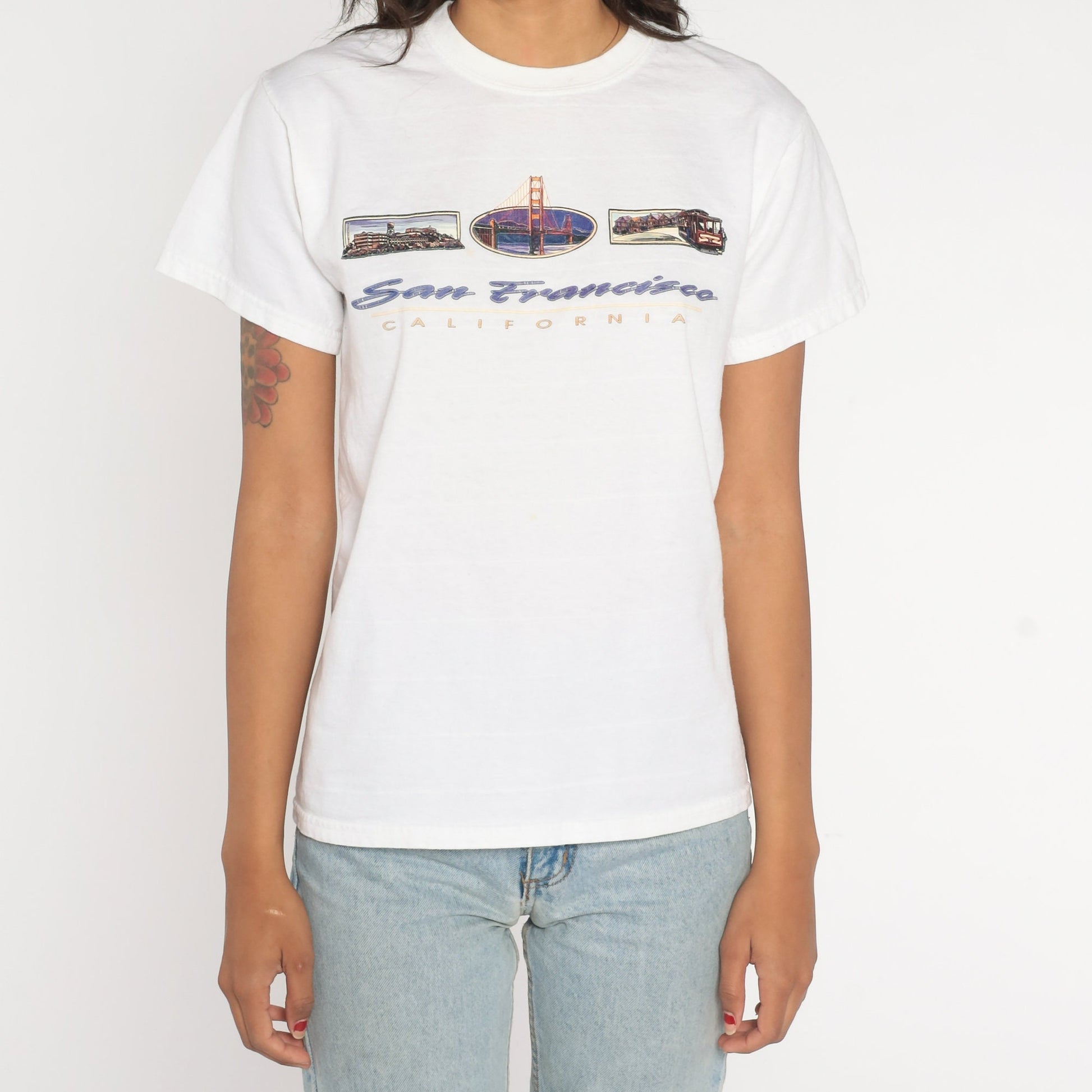 00s San Francisco Golden Gate Bridge Graphic T-Shirt White Cotton Small