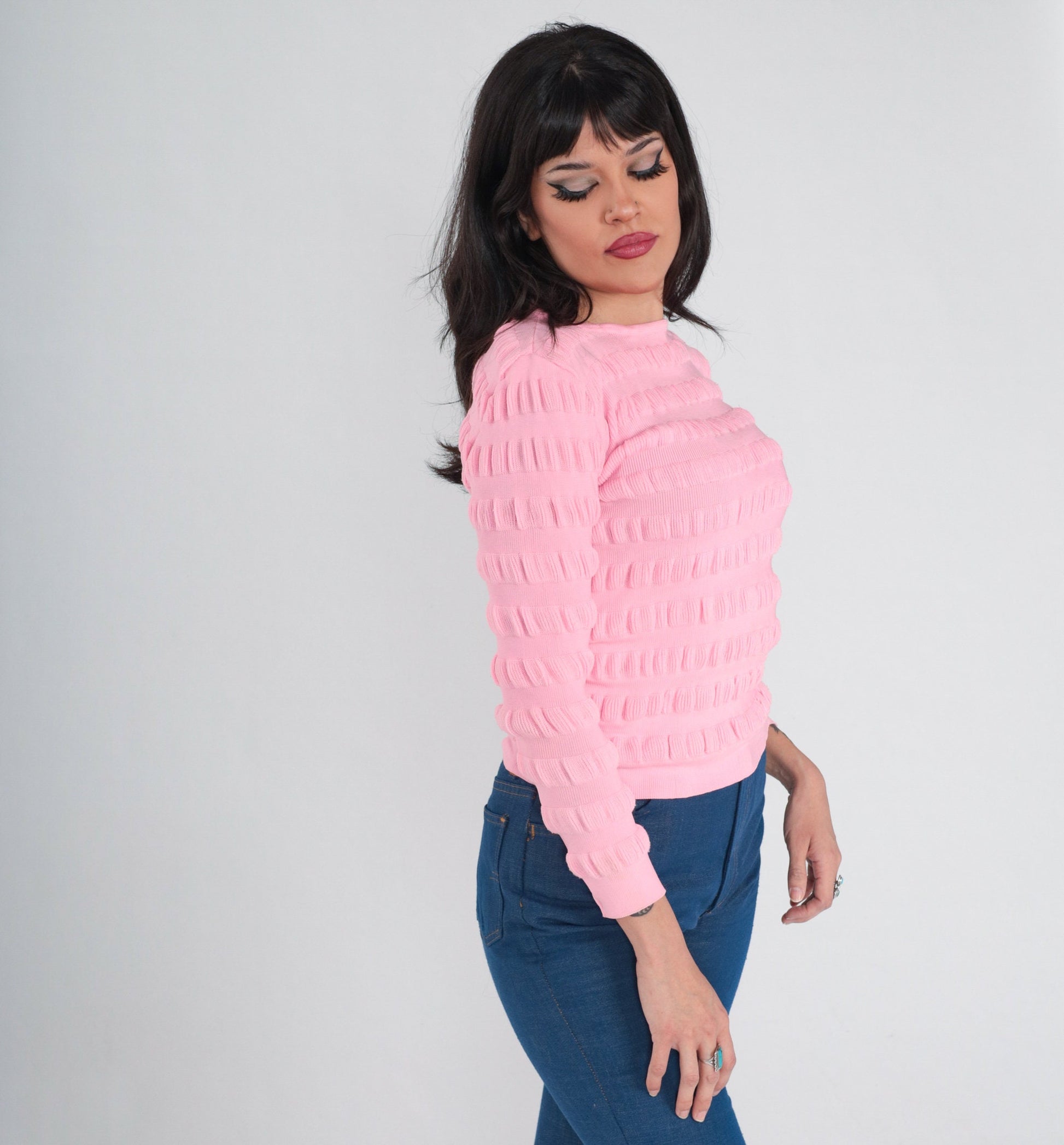 70s Bubblegum Pink Textured Knit Pullover Sweater Extra Small