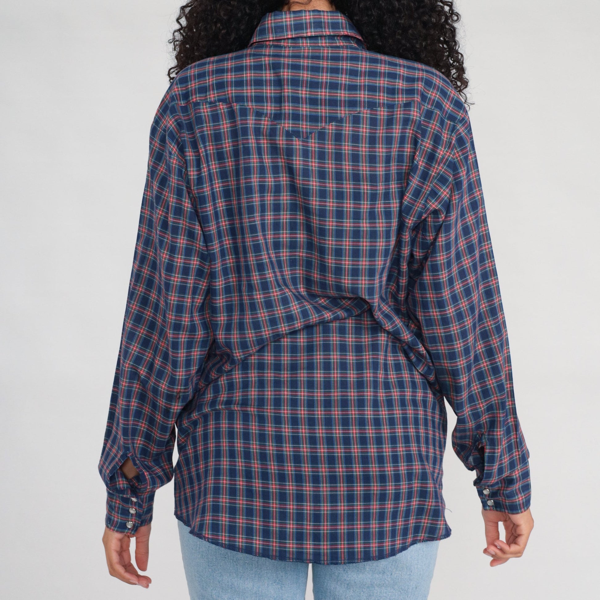 80s Plaid Pearl Snap Western Shirt Blue Cotton Men's Large