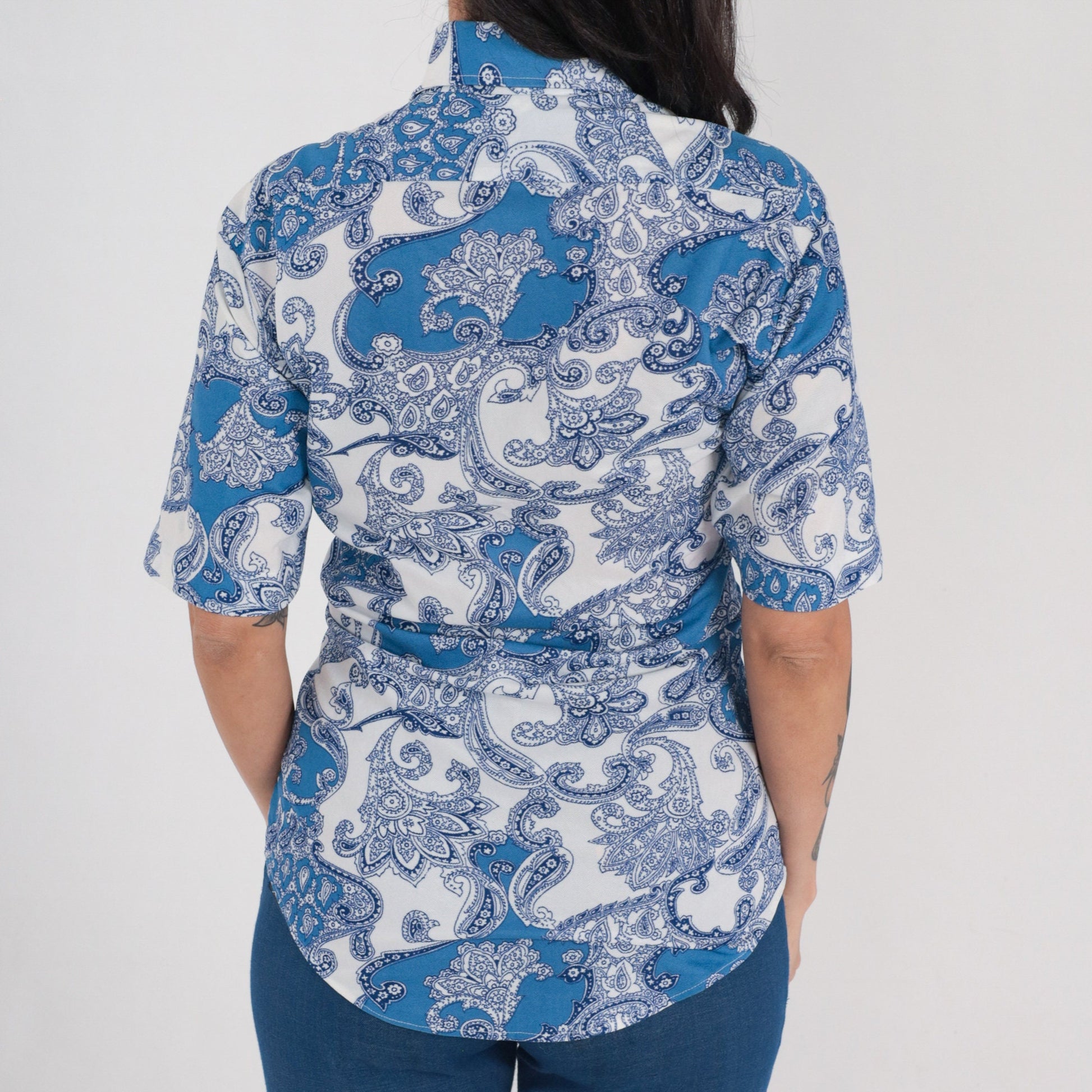 70s Paisley Button-Up Shirt White Blue Psychedelic Disco Collar Medium