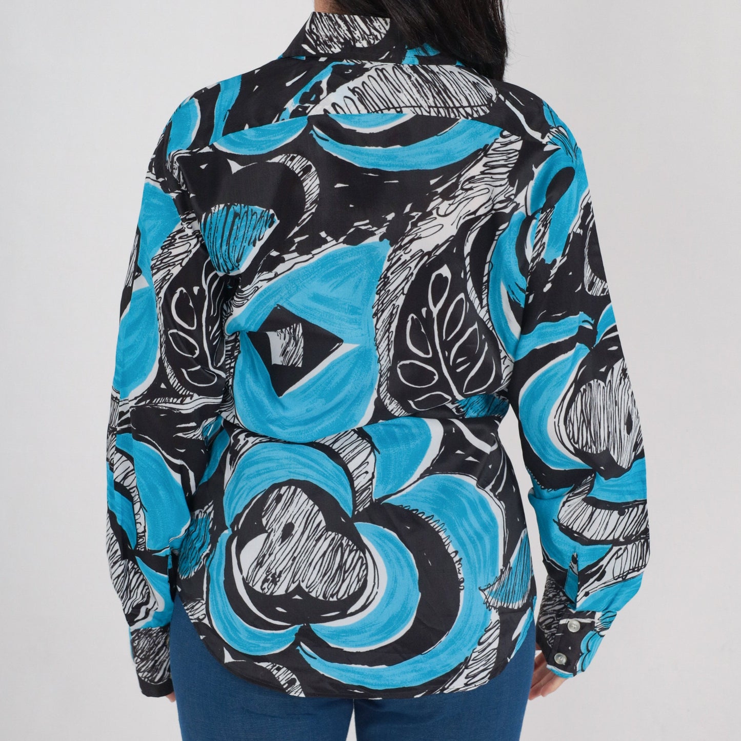 70s Abstract Leaf Print Button-Up Shirt Blue Black Dagger Collar Long Sleeve Large