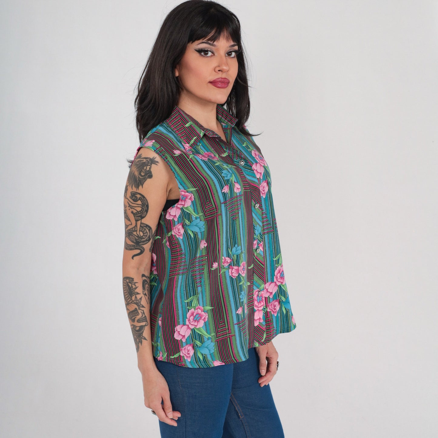 70s Striped Floral Button-Up Tank Top Collared Sleeveless Blouse Large