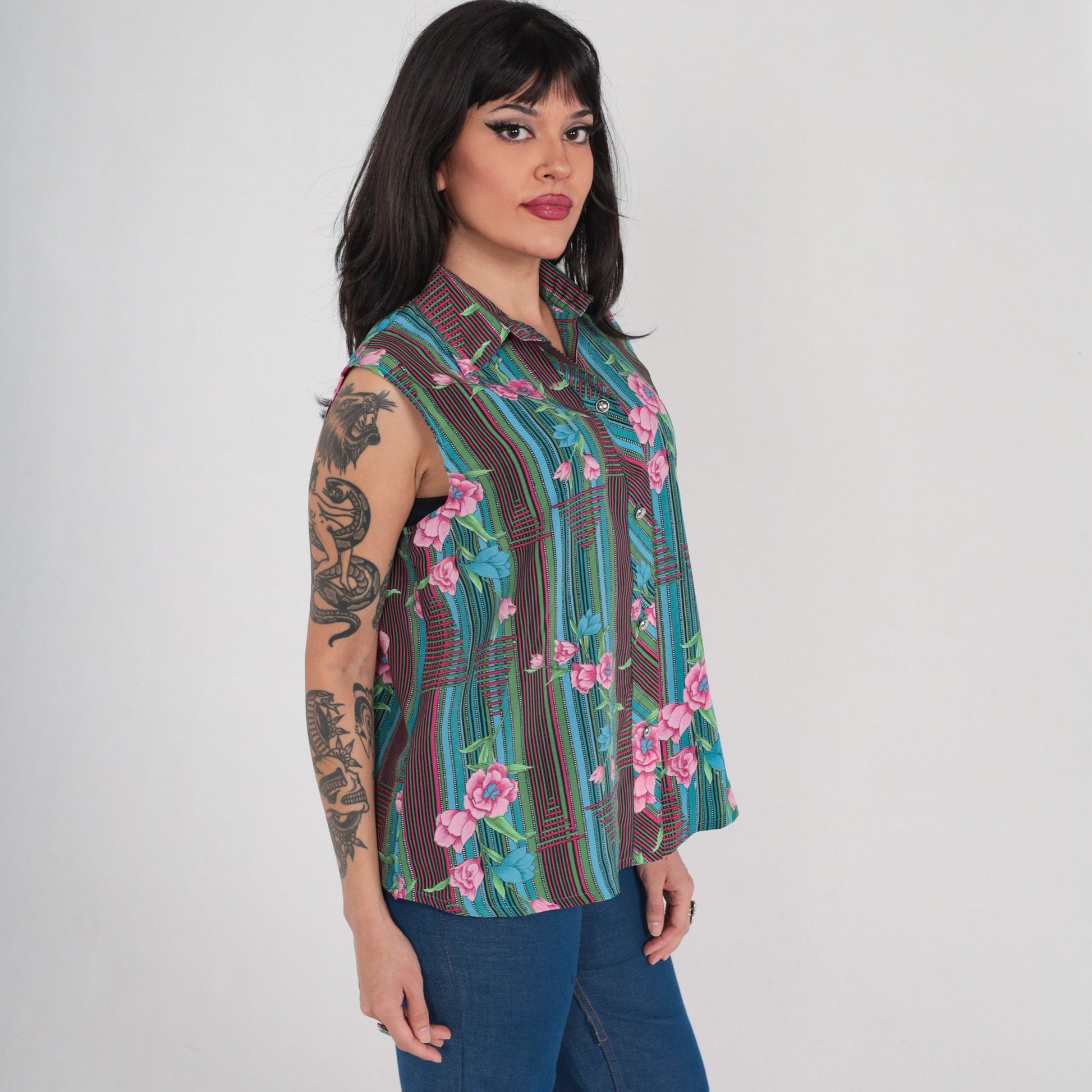 70s Striped Floral Button-Up Tank Top Collared Sleeveless Blouse Large