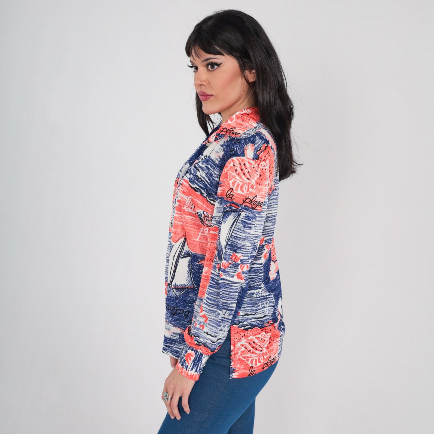70s French Nautical Sailing Print Button-Up Blouse Red White Blue Medium