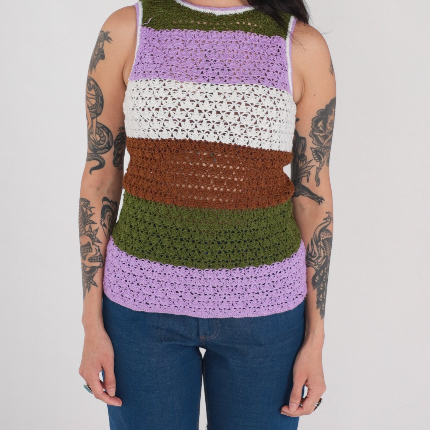 70s Striped Crochet Tank Top Multicolor Knit Sleeveless Small